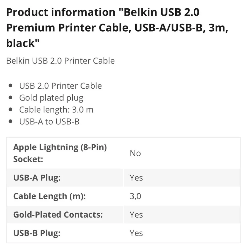 Belkin 3M Black USB 2.0 Printer Cable Cord